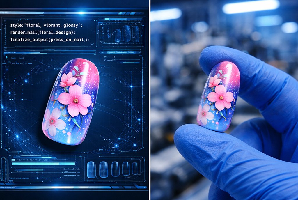 Split screen showing an AI generated digital nail design vs the actual manufactured physical press-on nail.