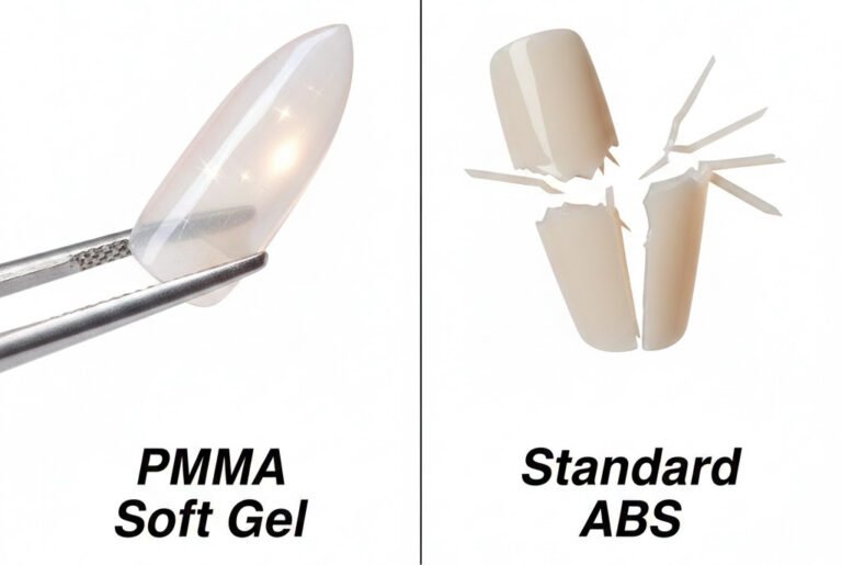 Side-by-side comparison of a flexible PMMA soft gel nail vs a broken ABS plastic nail.