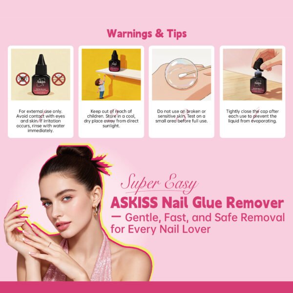 Important safety instructions and storage tips for Naildoo ASKISS professional glue remover.