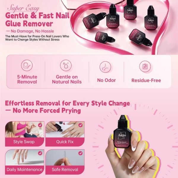ASKISS gentle and fast nail glue remover, authorized by Naildoo for Lavara press-on nail removal.