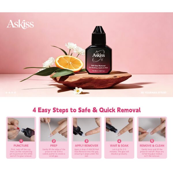 Visual guide on how to remove Lavara press-on nails using Naildoo's ASKISS glue remover.