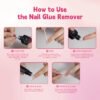 Detailed photos showing how to apply ASKISS remover into the gap of a press-on nail for clean removal.
